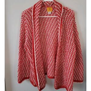Ruby Rd. Womans Sz. L Red White Open Sweater Knit Holiday Layering Cardigan